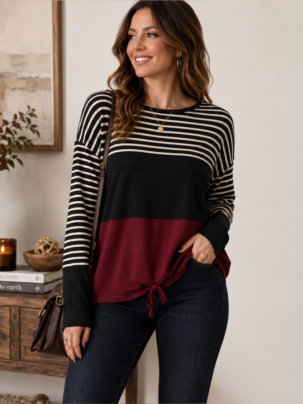 Signature Studio Colorblock Stripe Tie Front Soft Knit Top XL